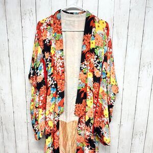 Handmade Vintage Kimono from 1970s Japan Orange Floral Boho High Low Maxi Style